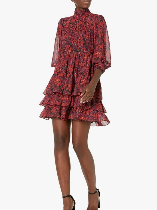 cinq a sept Dresses & Skirts - Cinq à Sept Drew High Neck Tiered Floral Mini Dress Red Black Size 12